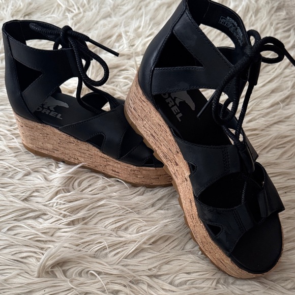 Sorel Shoes - Sorel Black Lace-Up Wedge Sandals size 6-black